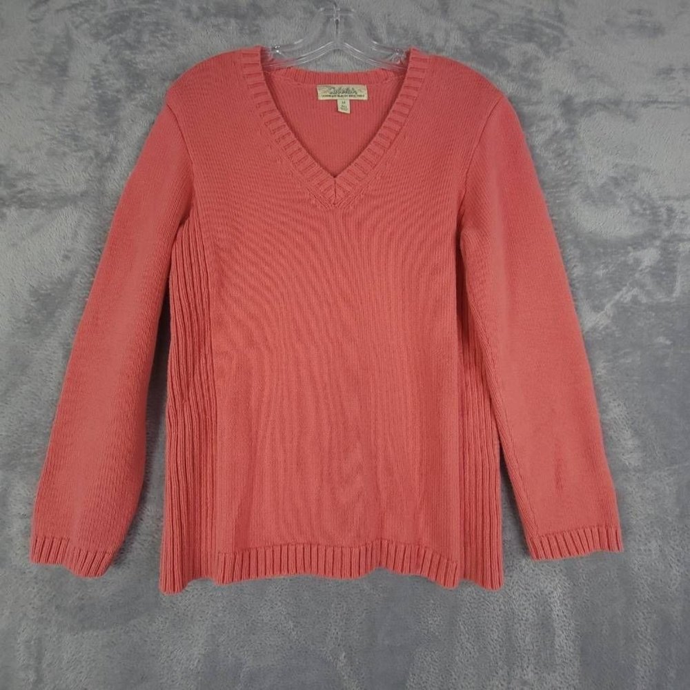 Cabelas Womens Sweater Pullover Coral Long Sleeve V Neck Tight Knit M